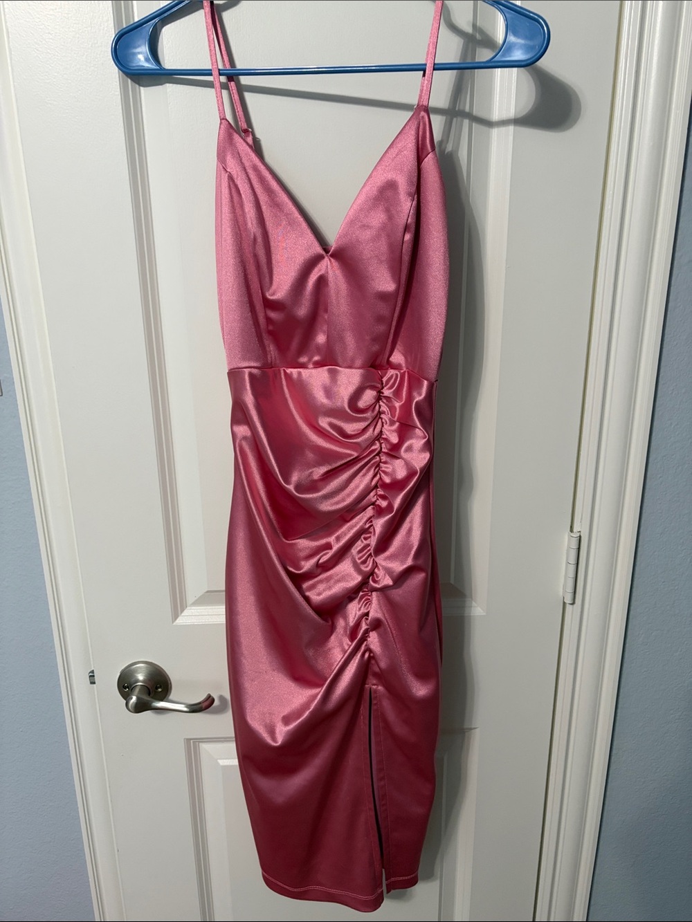 Honey and Rosie Pink Satin Ruched Midi Dress